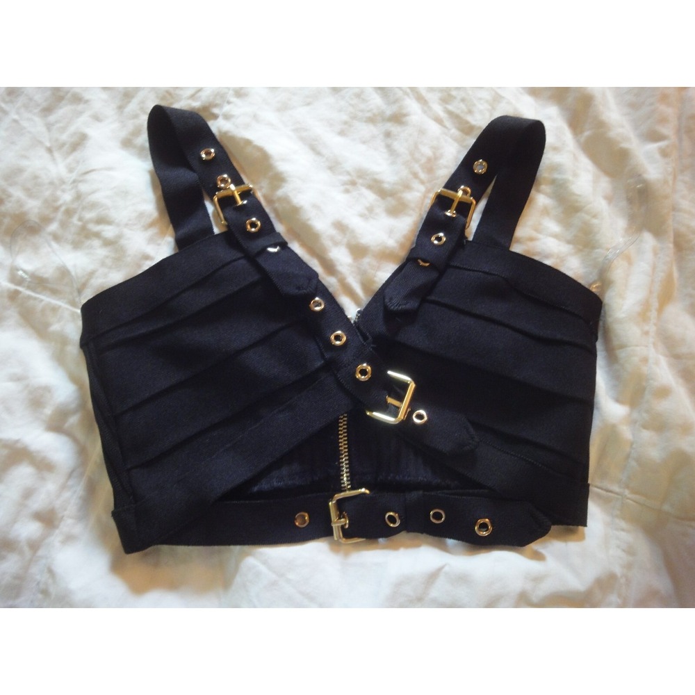 Hot & Delicious M black zipper buckles grommet bra sexy top punk fetish goth